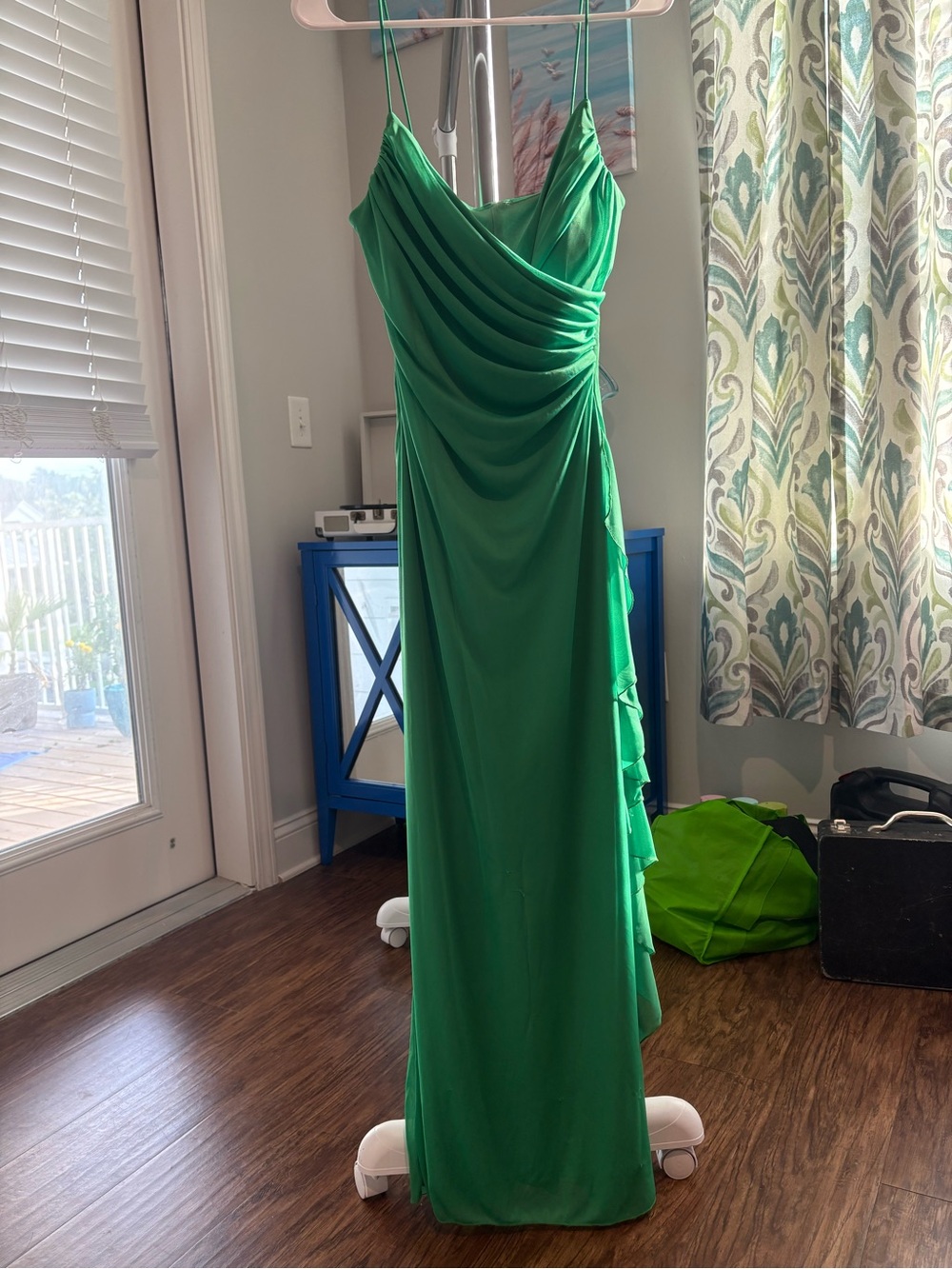 Green Draped Maxi Dress with Ruffle Side Detail